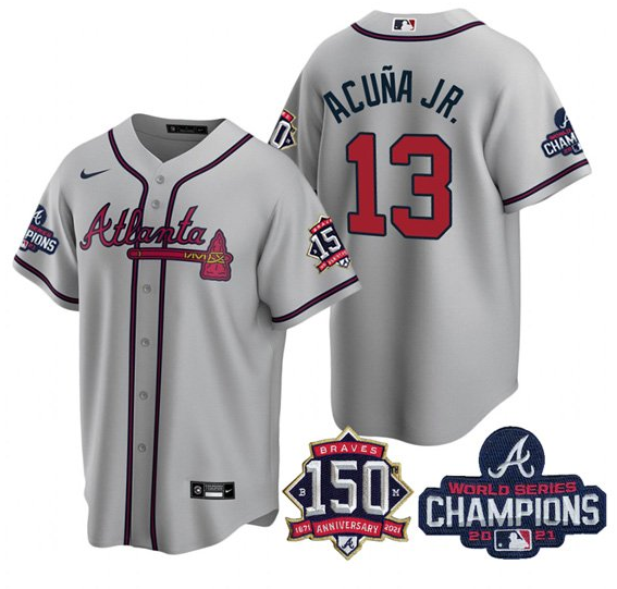 Men's Atlanta Braves #13 Ronald Acuña Jr. 2021 Grey World Series Champions With 150th Anniversary Patch Cool Base Stitched Jersey Men's Atlanta Braves #13 Ronald Acuña Jr. 2021 Grey World Series Champions With 150th Anniversary Patch Cool Base Stitched Jersey